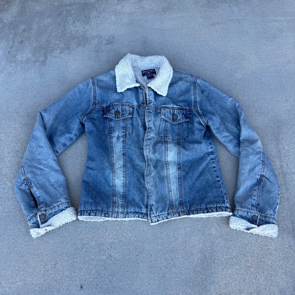 Steve & Barrys Mens Denim Trucker Jacket Faux Shearling Trim Blue Medium RN98572